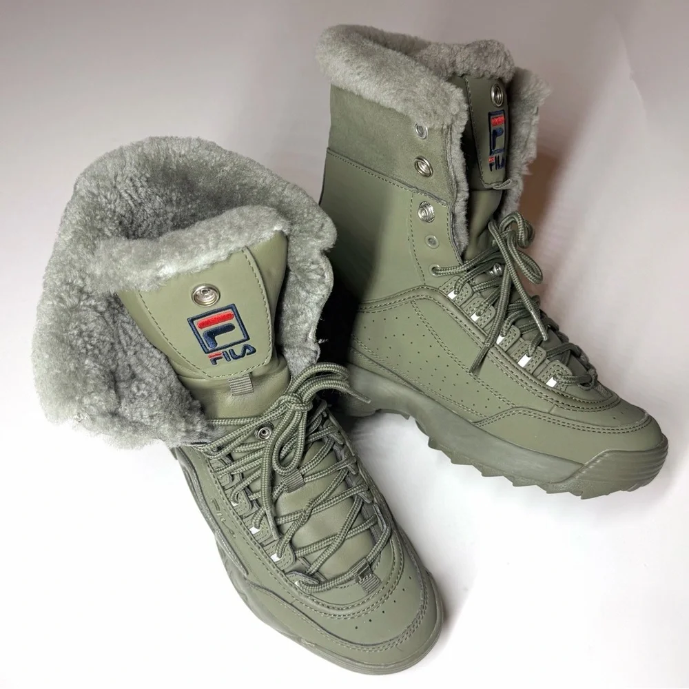 Fila Women’s Disruptor Shearling Mid Calf Lace Up Olive Green Boots Size- 6.5